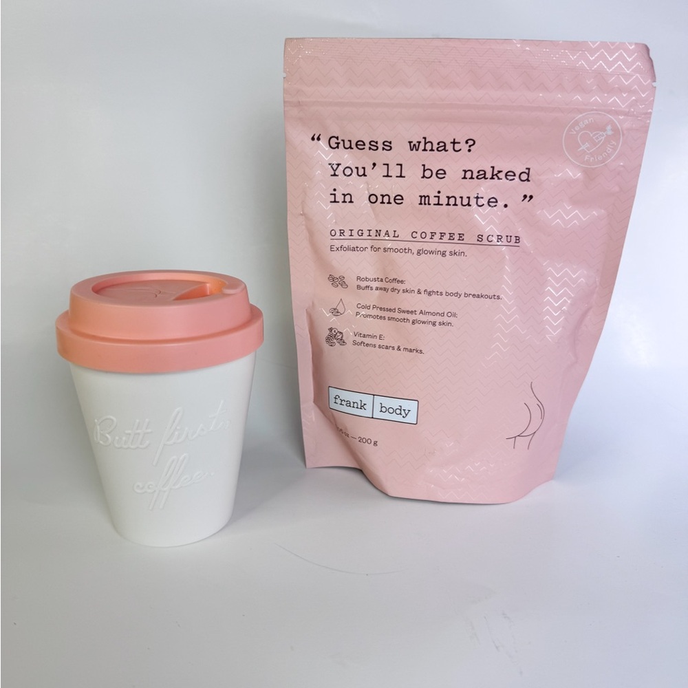 Frank Body Original Coffee Scrub and Butt First, coffee cream with Pink Cup Set